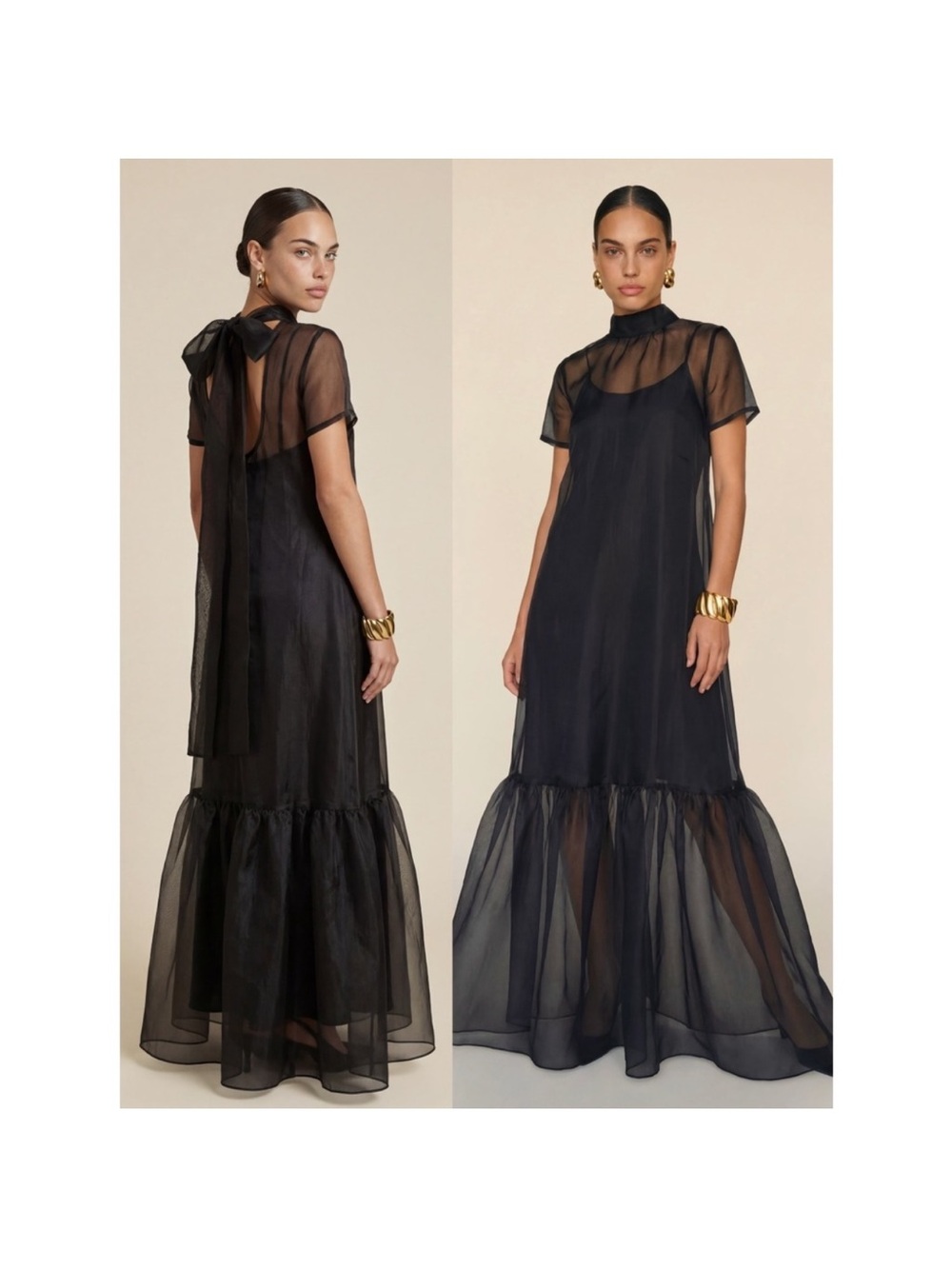 CAARA Melody High Neck Organza Tie Neck Tiered Hem Dress Black - Picture 2 of 7